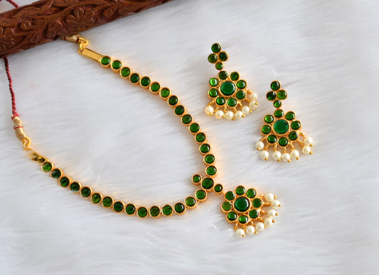 Gold tone green pearl flower necklace set dj-17521