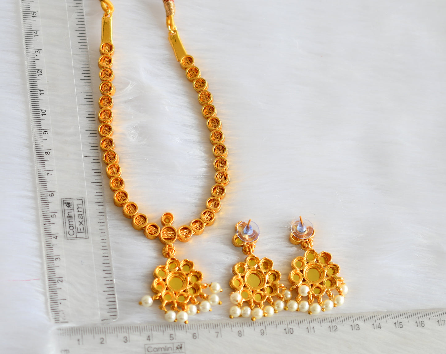 Gold tone green pearl flower necklace set dj-17521