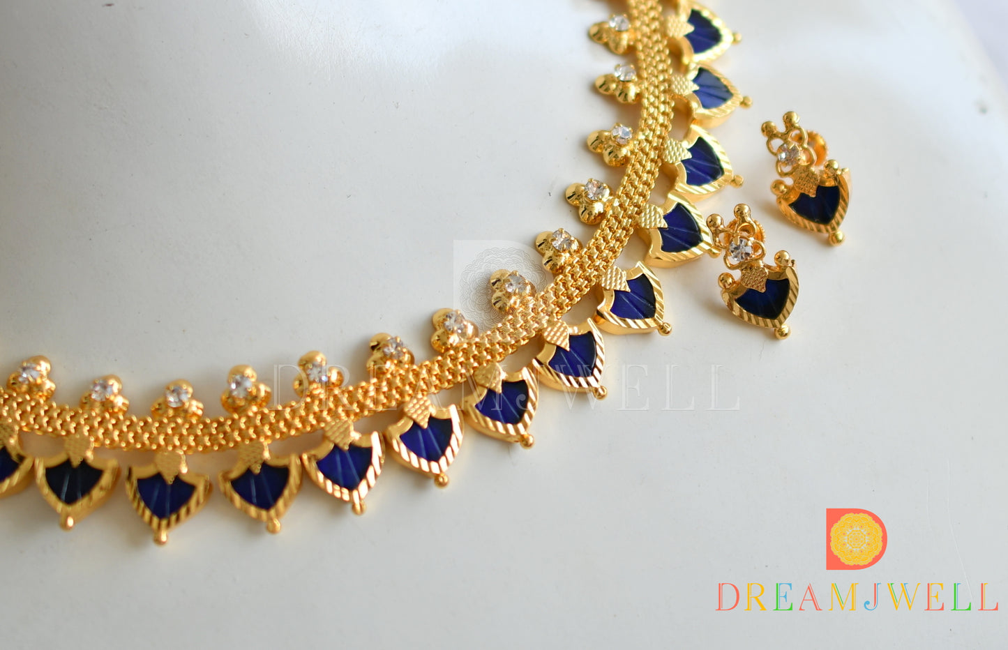 Gold tone blue palakka necklace set dj-26418