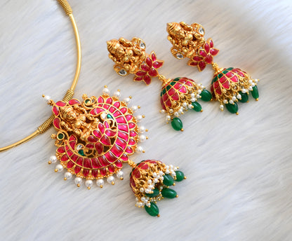 Matte finish pink-green-white kundan jadau Lakshmi green beads hasli necklace set dj-40764