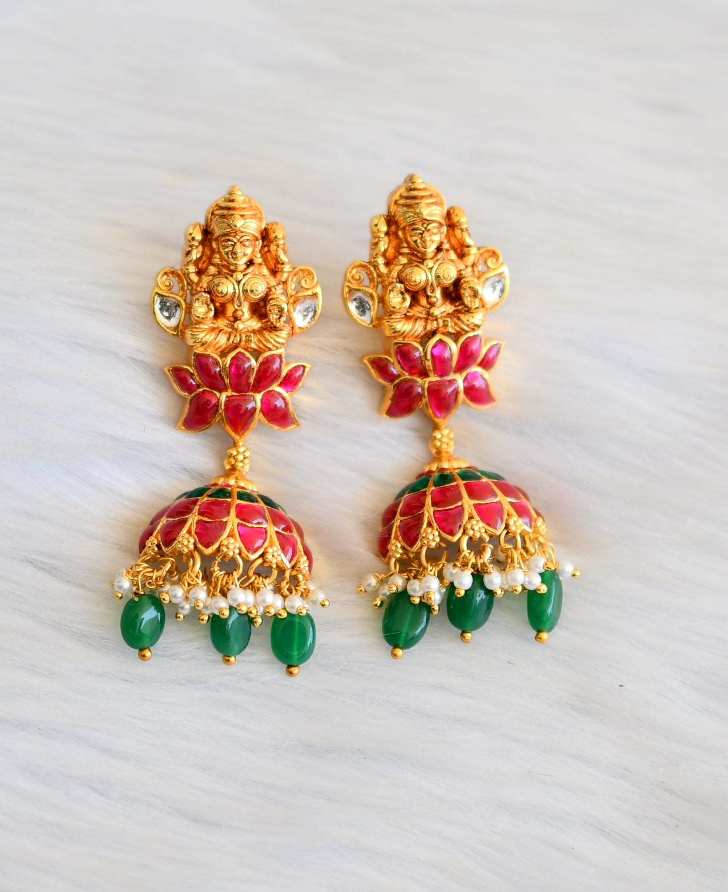 Matte finish pink-green-white kundan jadau Lakshmi green beads hasli necklace set dj-40764