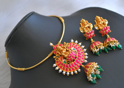 Matte finish pink-green-white kundan jadau Lakshmi green beads hasli necklace set dj-40764