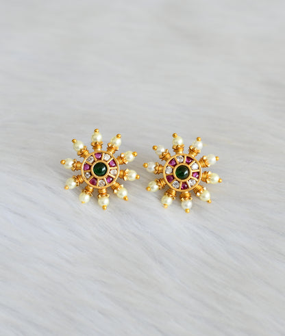 Matte finish kemp-green-white pearl round stud/earrings dj-42018