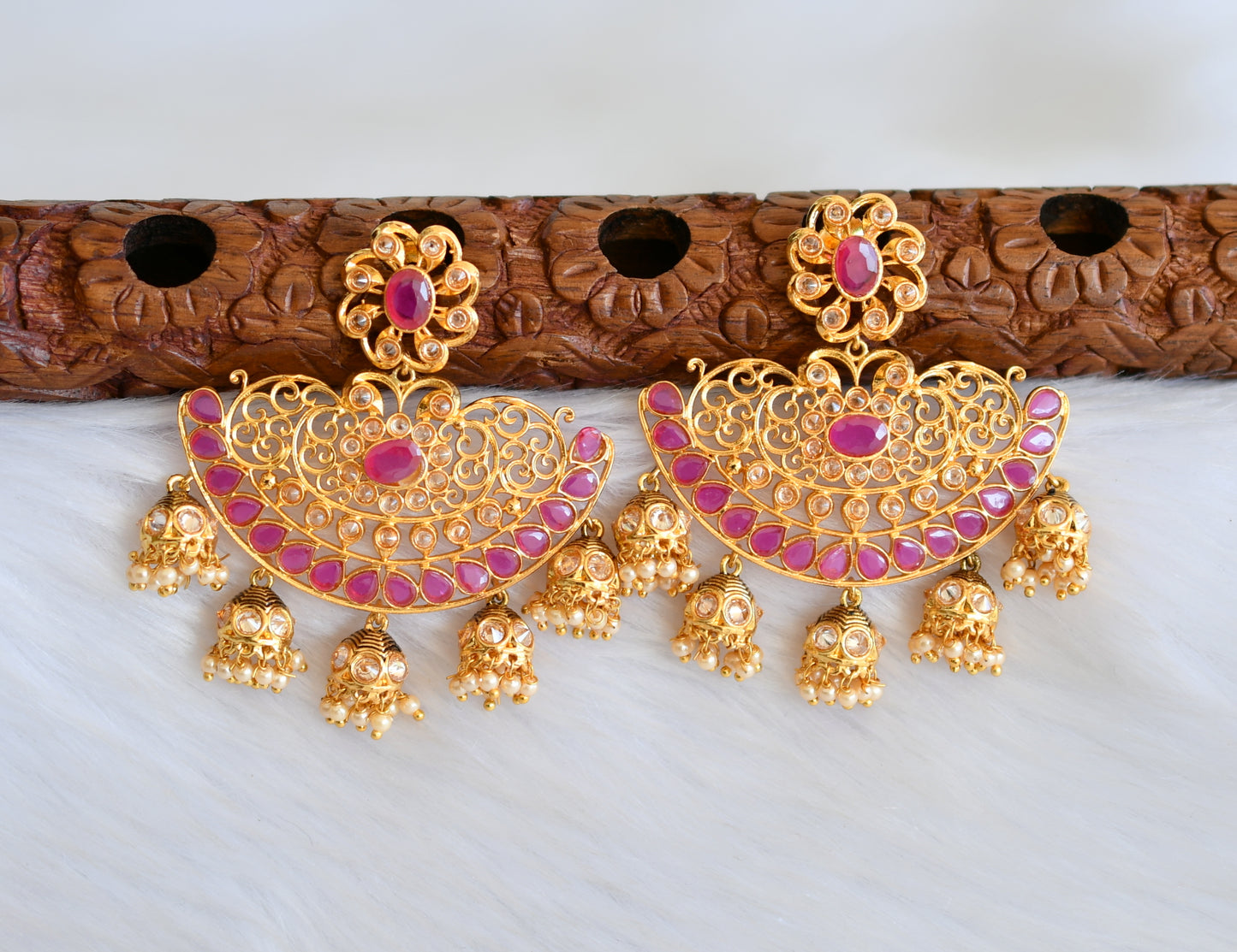 Antique gold tone ruby flower big jhumkka earrings dj-19374