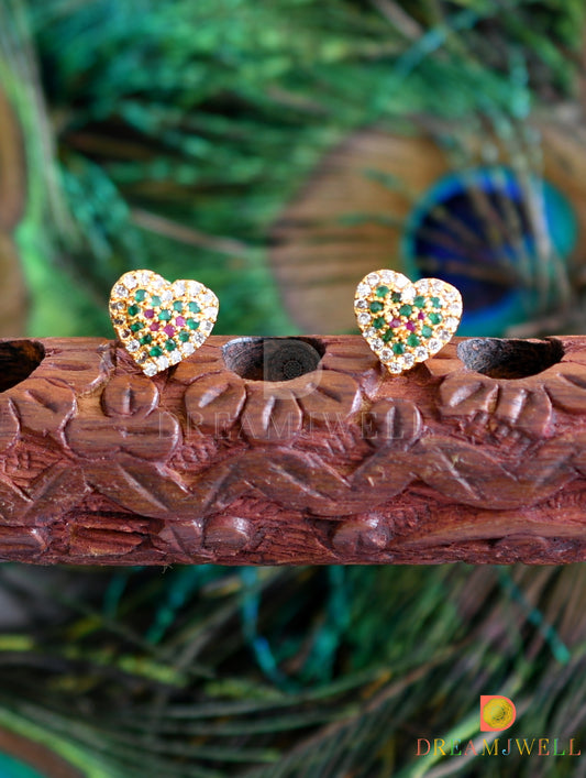 Gold tone white-ruby-emerald stone heart small earrings dj-37649
