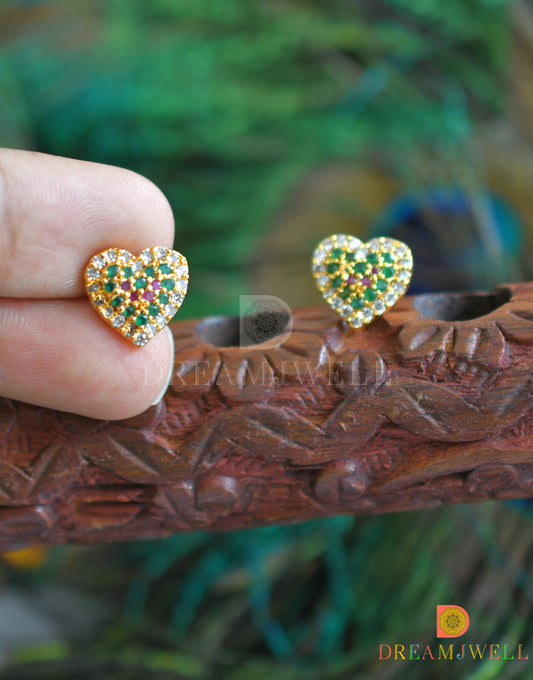 Gold tone white-ruby-emerald stone heart small earrings dj-37649