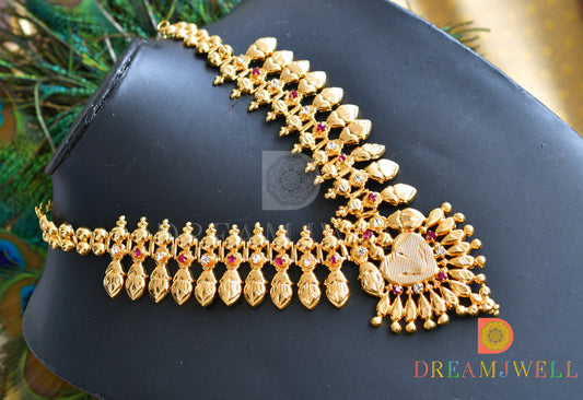 Gold tone pink-white stone Kerala style necklace dj-36844