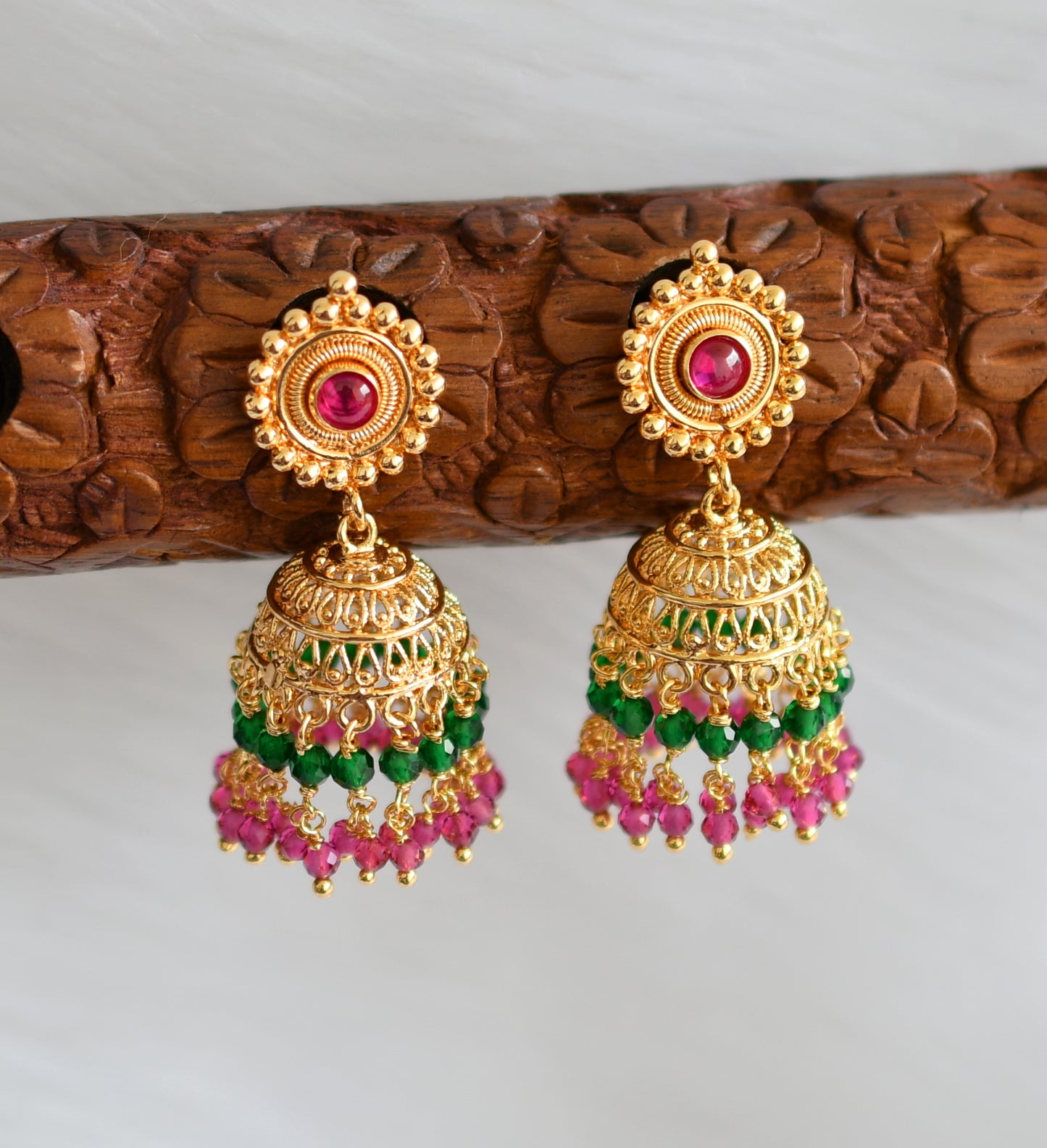 Gold tone ruby-green cluster Jhumkka dj-34471