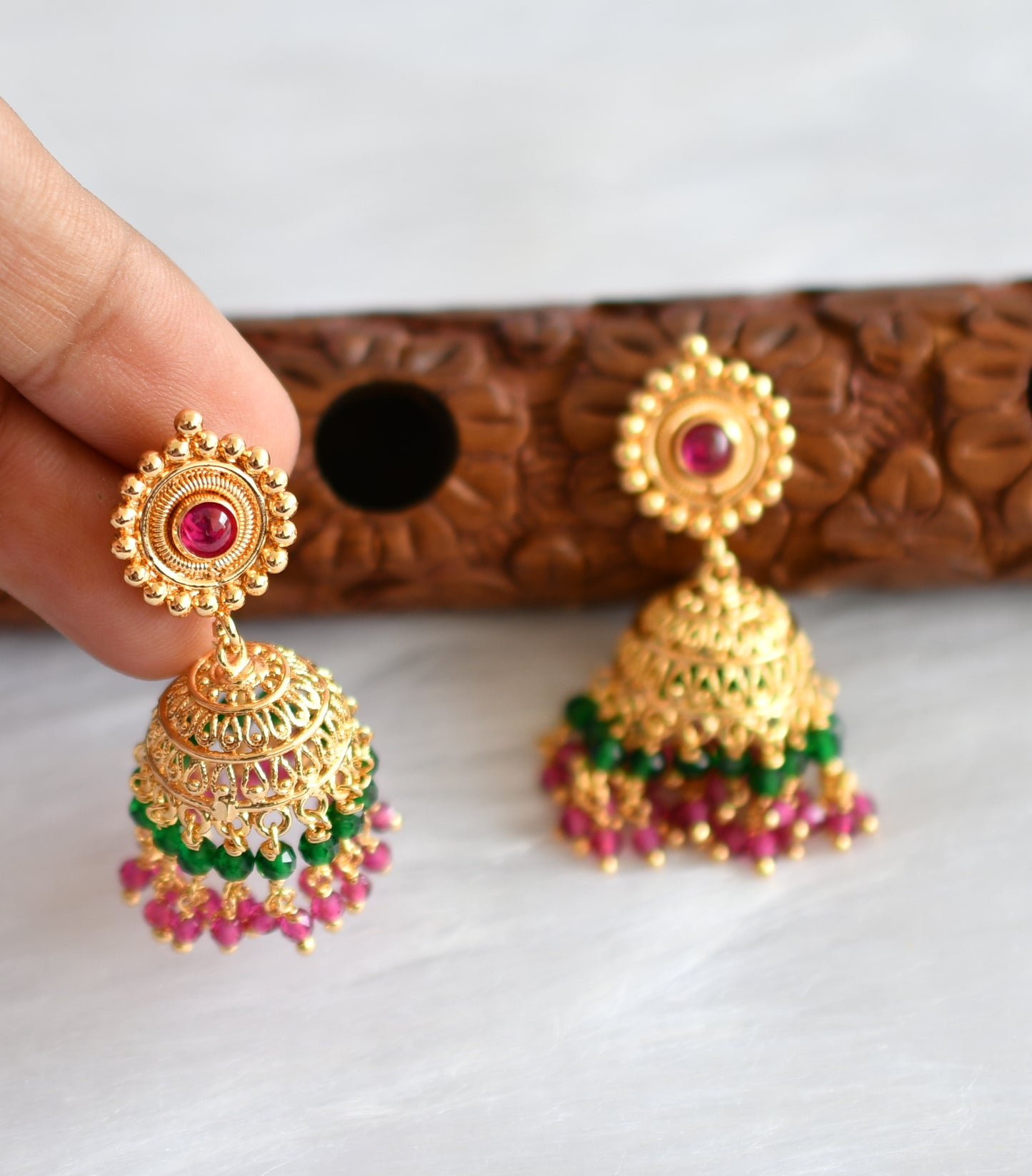 Gold tone ruby-green cluster Jhumkka dj-34471