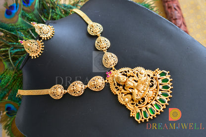 Gold tone Pink-Green nagapdam Lakshmi Kerala style necklace set dj-36832