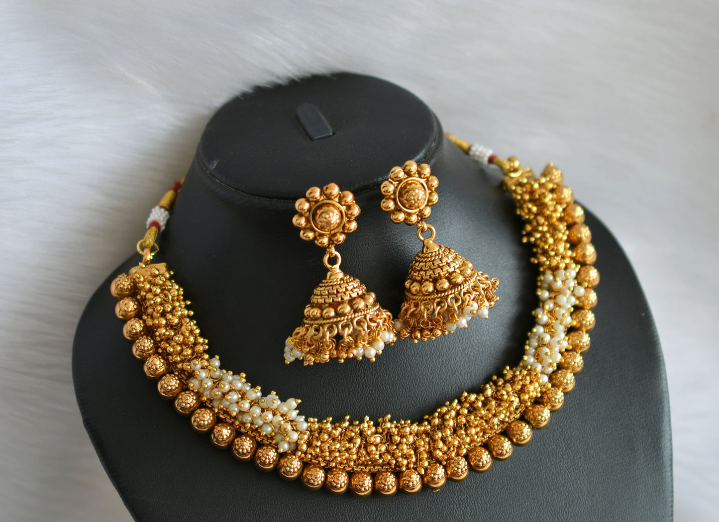 Antique gold tone pearl cluster necklace set dj-34001