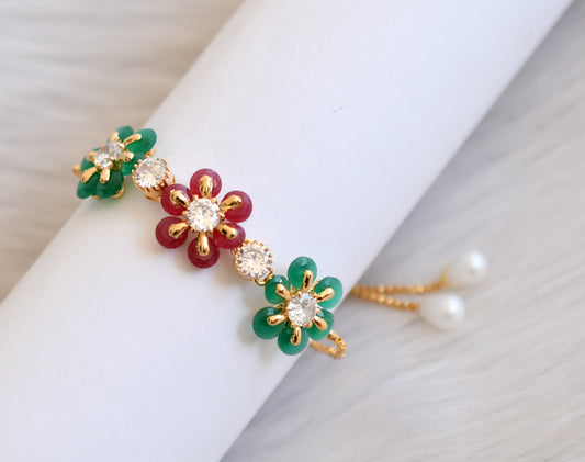 Gold tone cz ruby-green flower bracelet dj-19345