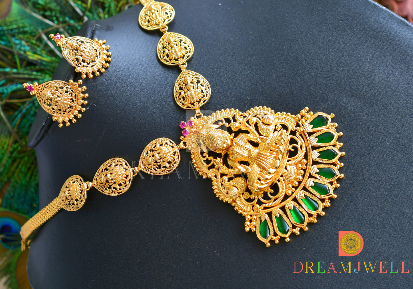 Gold tone Pink-Green nagapdam Lakshmi Kerala style necklace set dj-36832