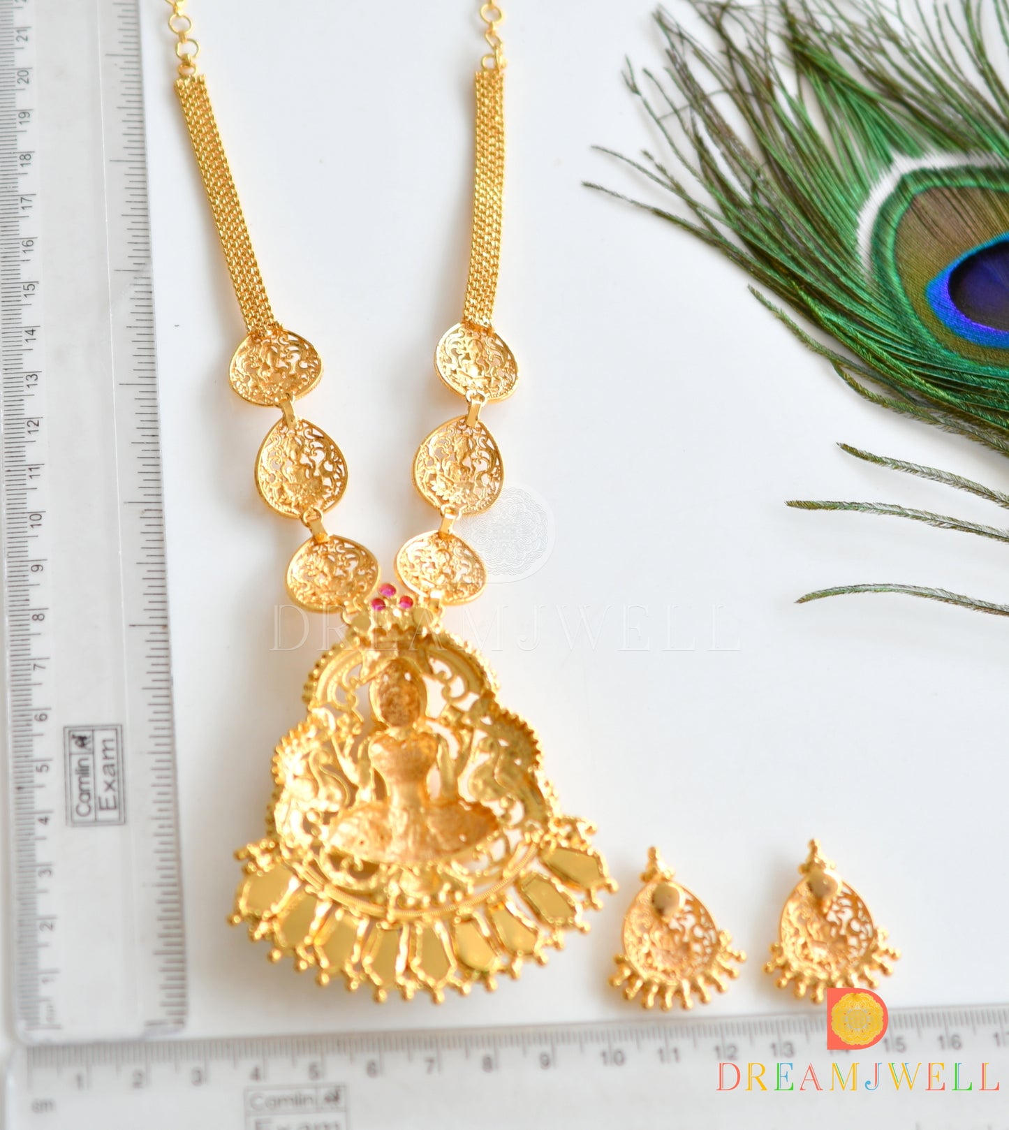 Gold tone Pink-Green nagapdam Lakshmi Kerala style necklace set dj-36832