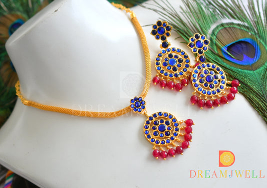 Gold tone blue round red beads necklace set dj-37632