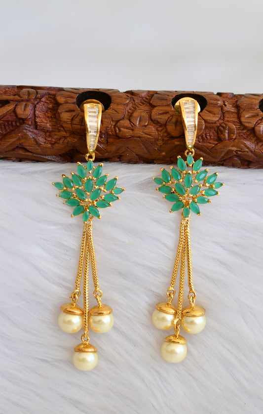 Gold tone cz emerald pearl long earrings dj-19314