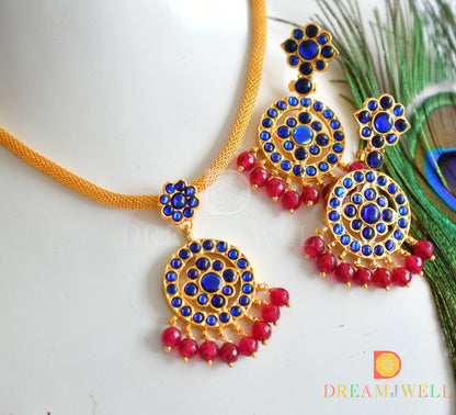 Gold tone blue round red beads necklace set dj-37632