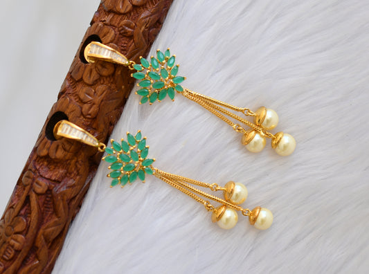 Gold tone cz emerald pearl long earrings dj-19314