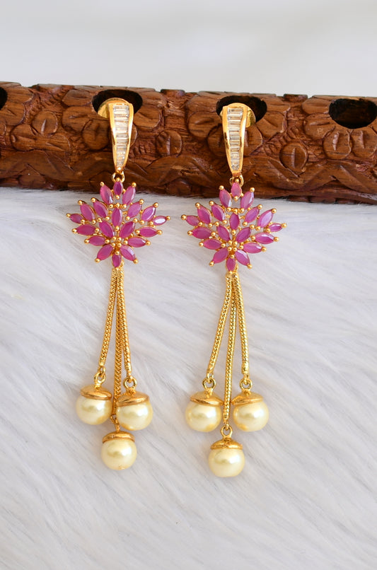 Gold tone cz ruby pearl long earrings dj-19313