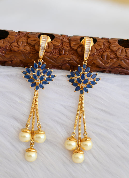 Gold tone cz blue pearl long earrings dj-19310
