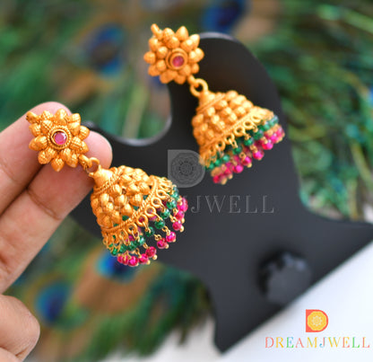 Matte finish ruby-green flower jhumkka dj-19254