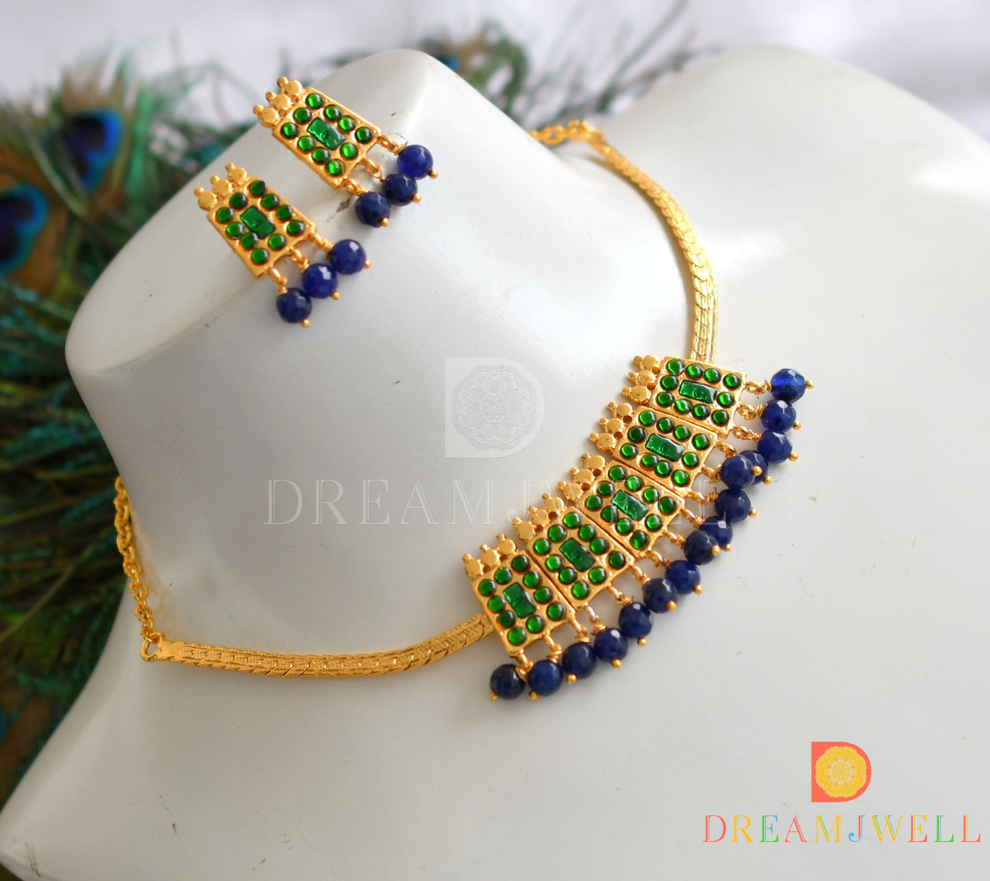 Gold tone green-blue beads poothali temple necklace set dj-37634