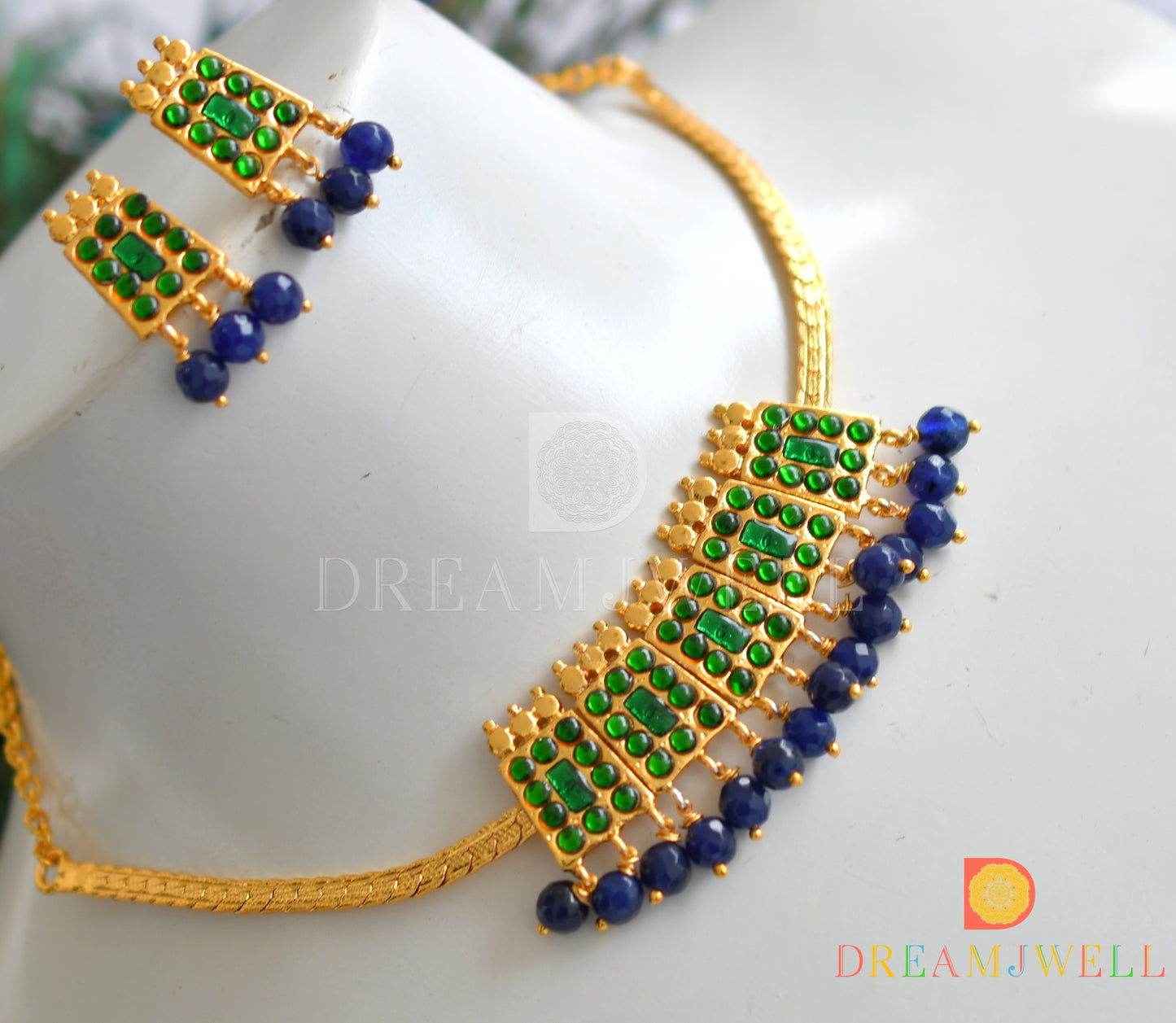 Gold tone green-blue beads poothali temple necklace set dj-37634