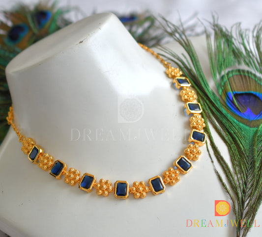 Gold tone block blue stone flower sufi necklace dj-37609