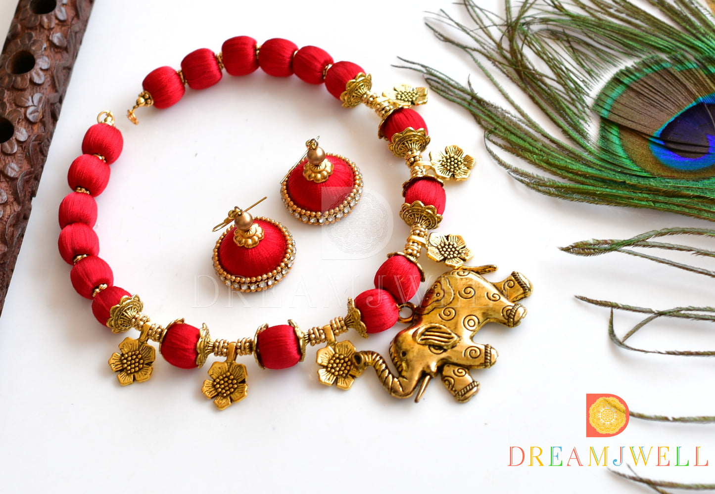 Antique red silk thread Elephant pendant necklace set dj-36125