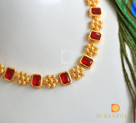 Gold tone block Red stone flower sufi necklace dj-37612