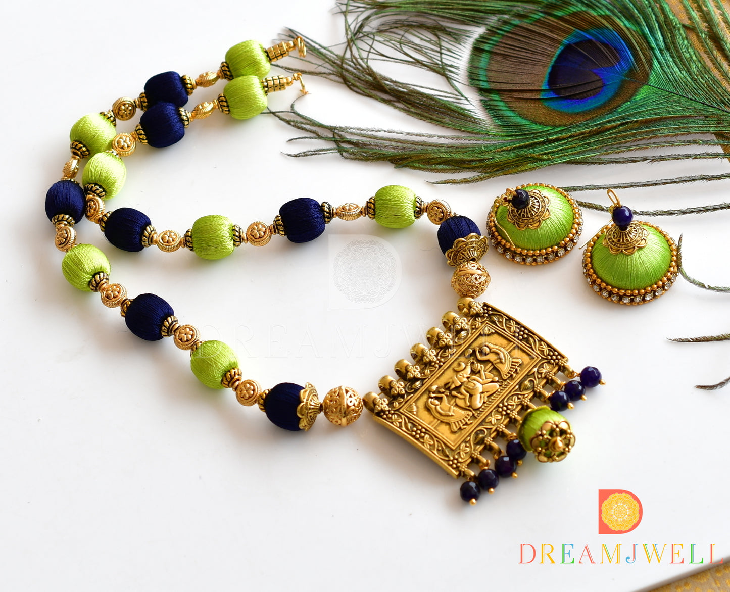 Antique Green/Blue silk thread necklace set dj-36127
