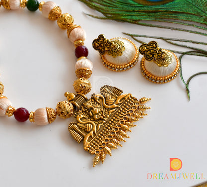 Antique Ganesha-peacock pendant red-green agates silk thread necklace set dj-36129
