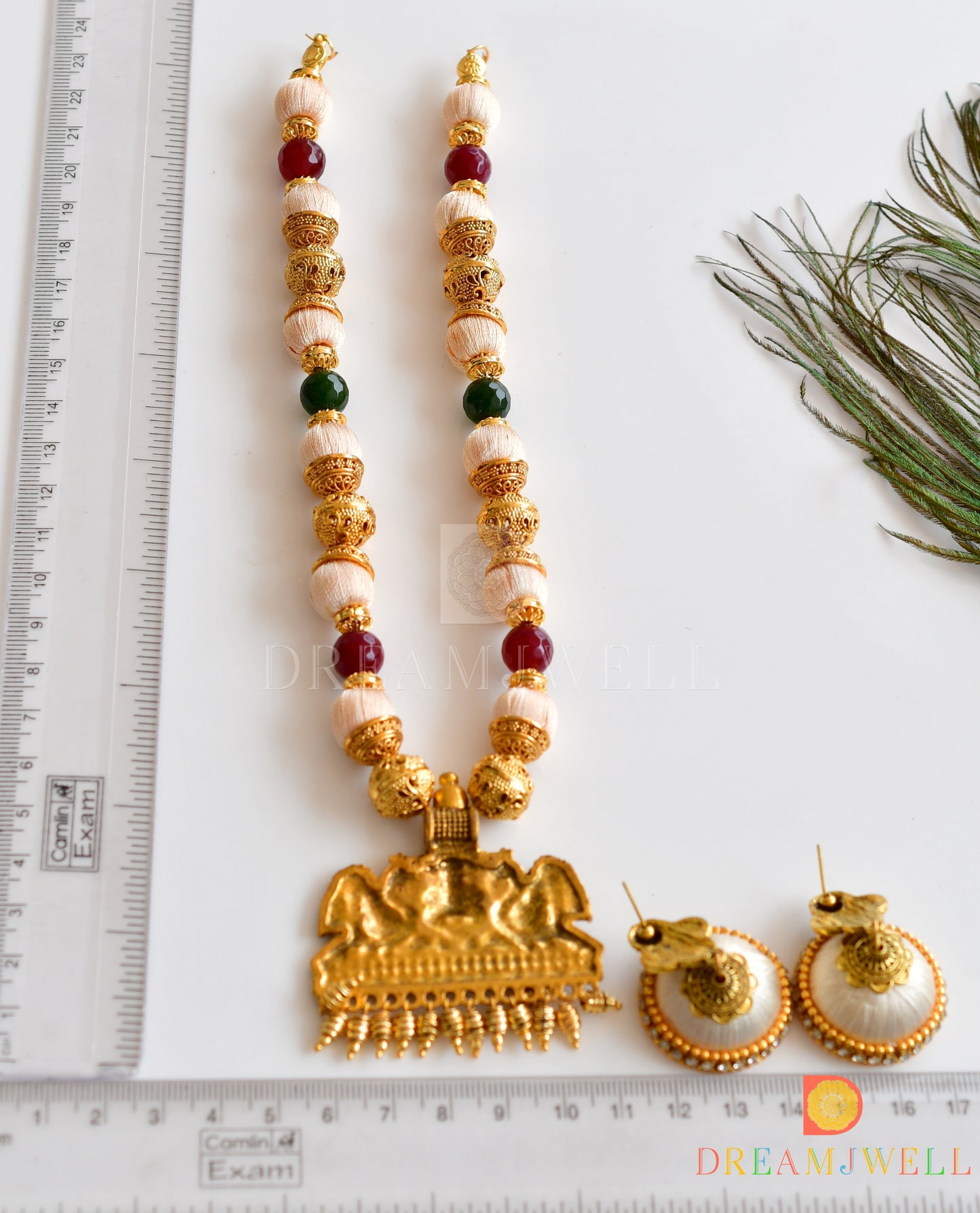 Antique Ganesha-peacock pendant red-green agates silk thread necklace set dj-36129