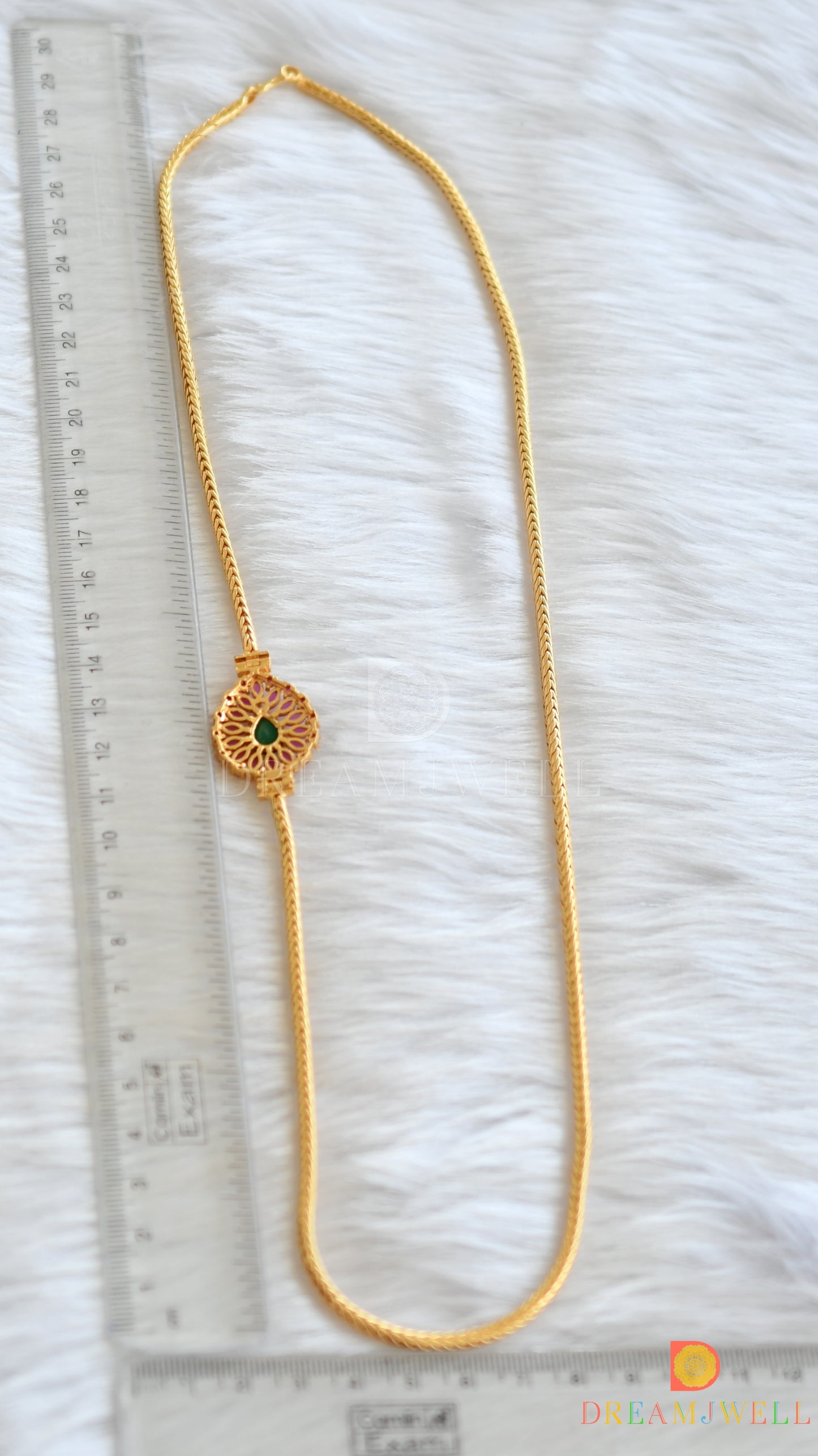 Gold tone ruby-emerald mugappu chain dj-38413