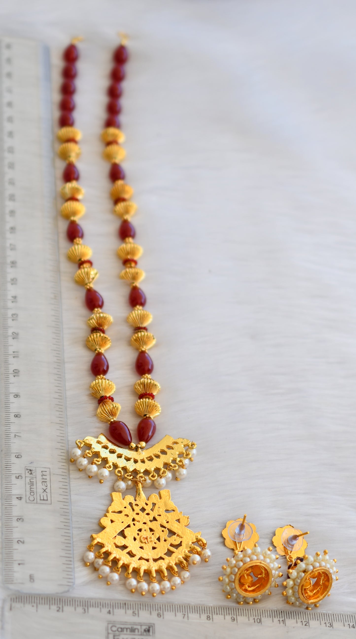 Gold tone kemp-green maroon beaded necklace set dj-19352