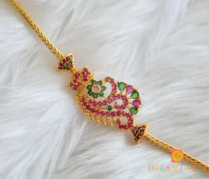 Gold tone ruby-emerald mugappu chain dj-38412