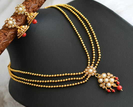 Antique gold tone pearl-coral beaded multi layer necklace set dj-42010