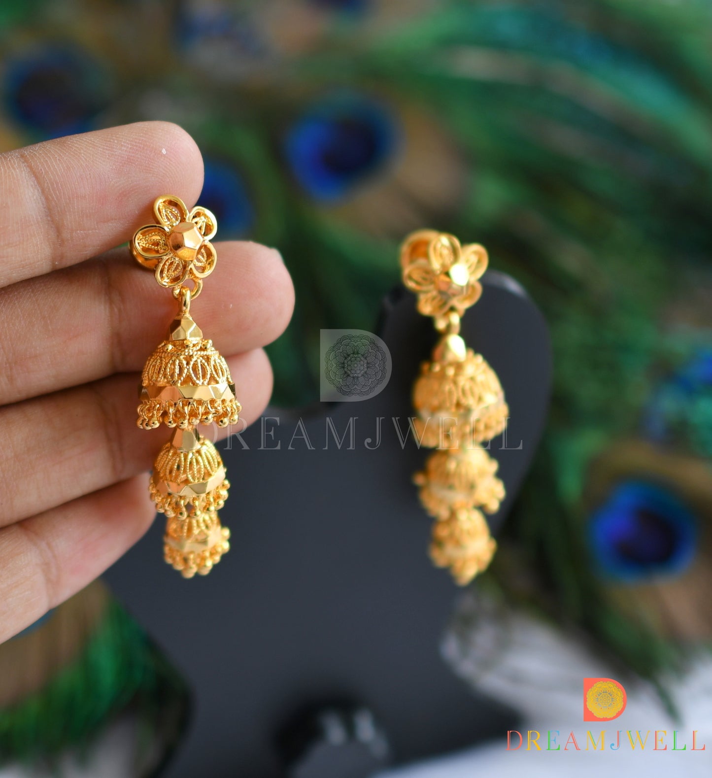 Gold tone flower Kerala style jhumkka dj-37658