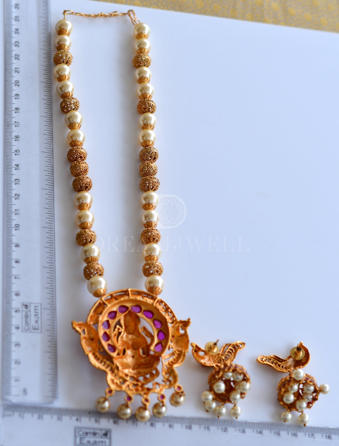 Matte finish pearl ruby lakshmi designer necklace set dj-08217