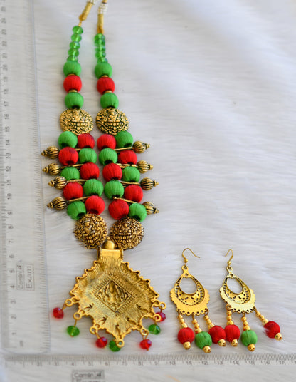 Antique gold tone red-green silk thread Lakshmi necklace set dj-19365