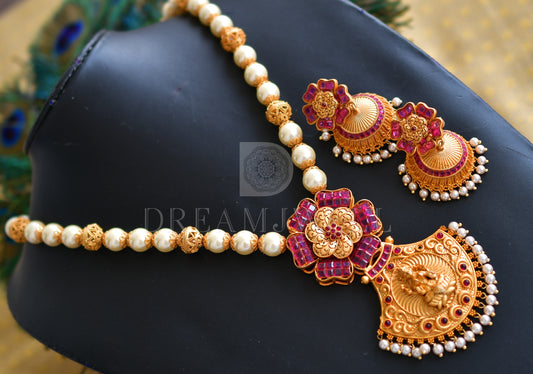 Matte finish ruby-lakshmi pearl designer necklace set dj-07284