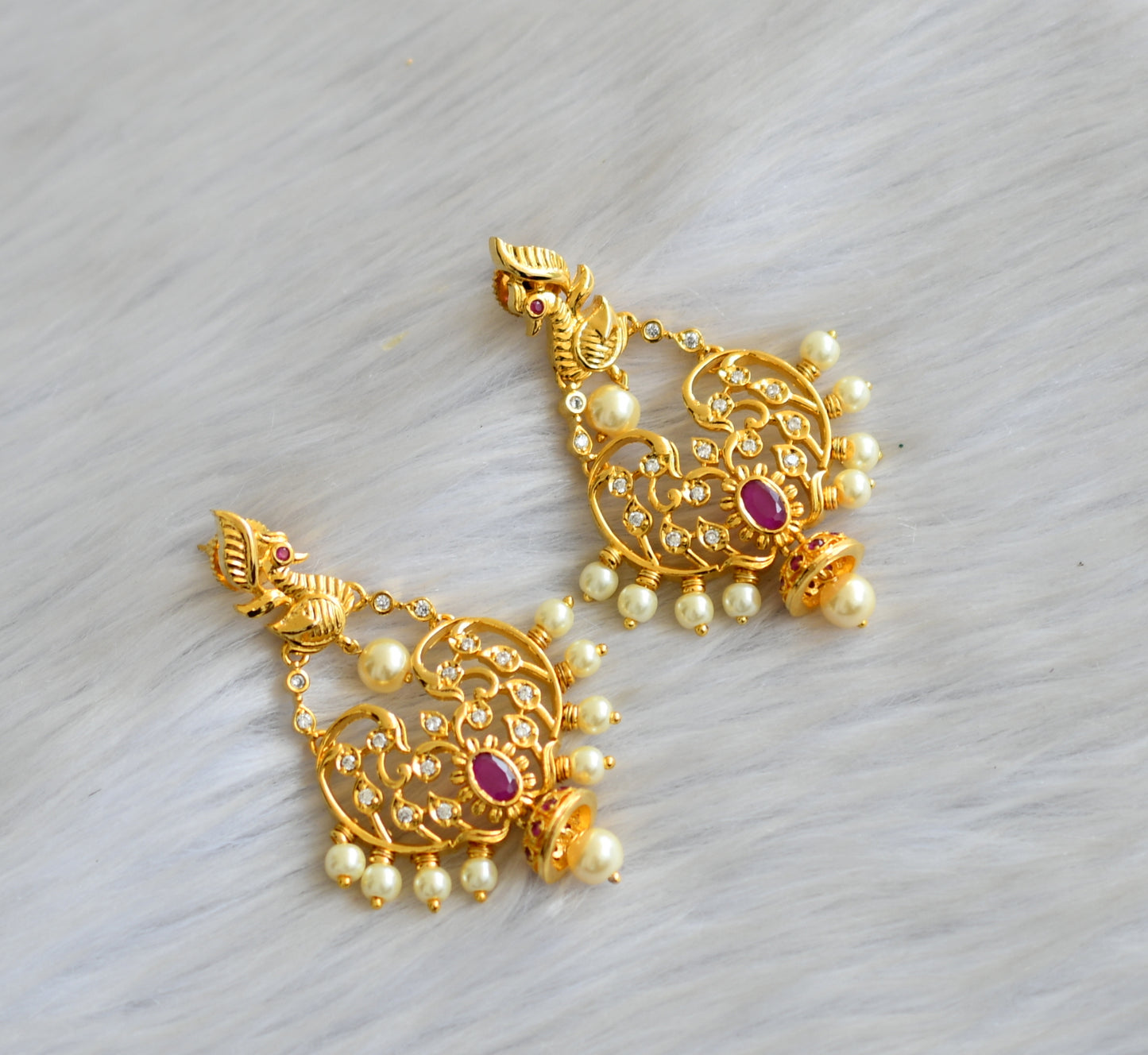 Gold tone ruby-white stone pearl peacock earrings dj-42017