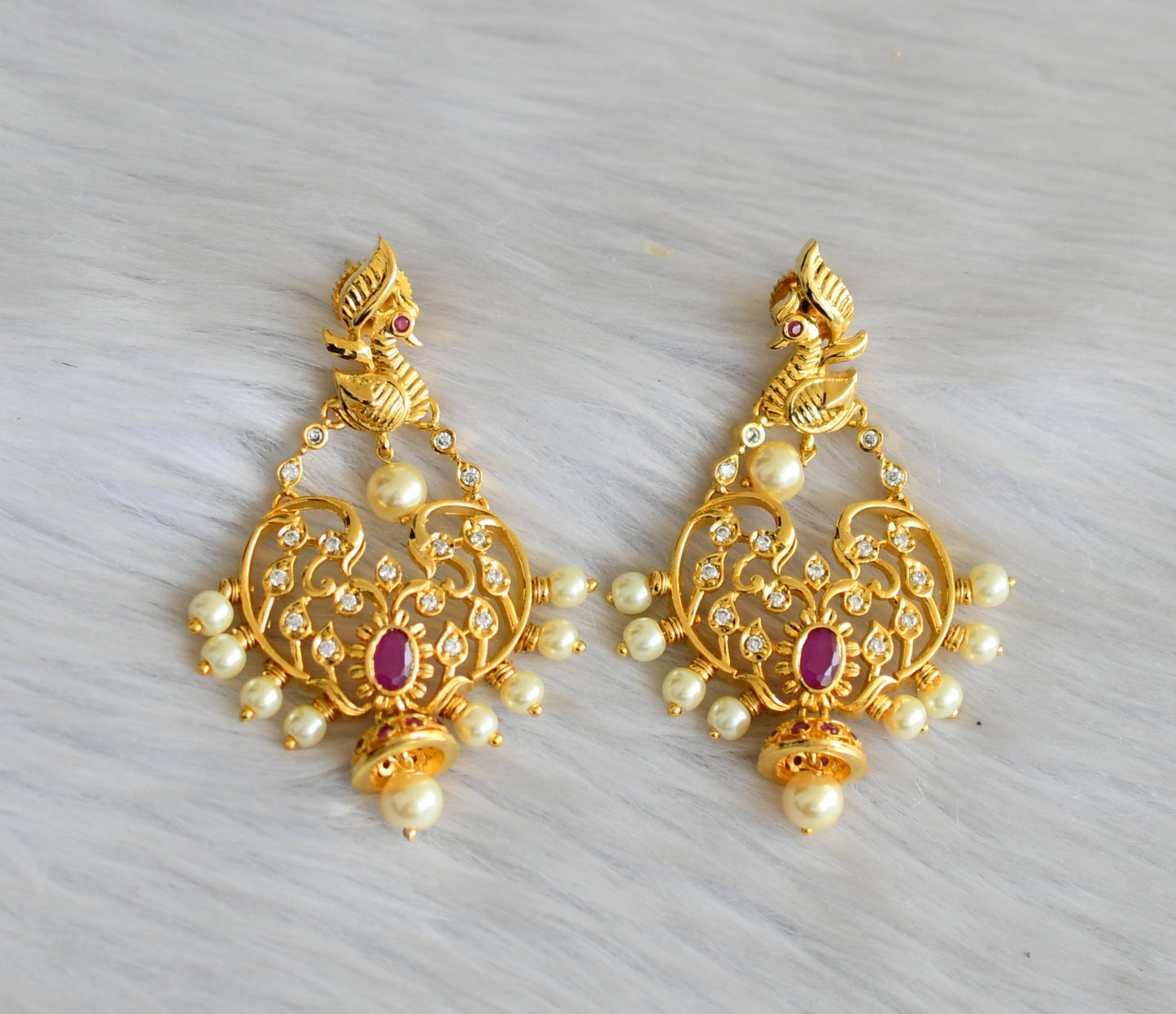 Gold tone ruby-white stone pearl peacock earrings dj-42017