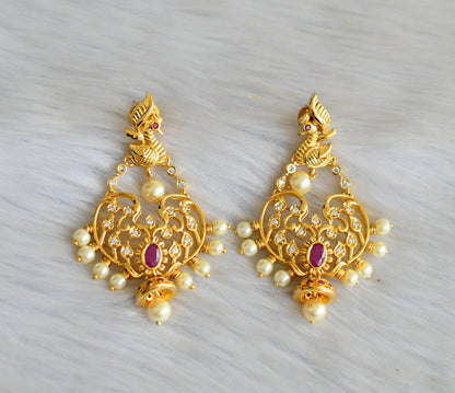 Gold tone ruby-white stone pearl peacock earrings dj-42017