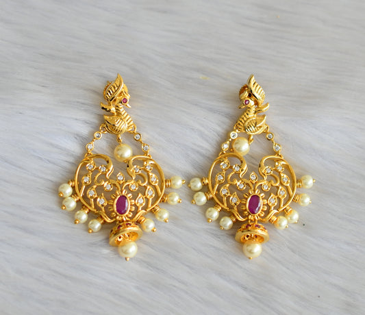 Gold tone ruby-white stone pearl peacock earrings dj-42017