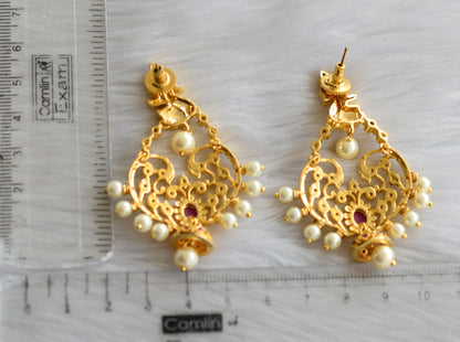 Gold tone ruby-white stone pearl peacock earrings dj-42017