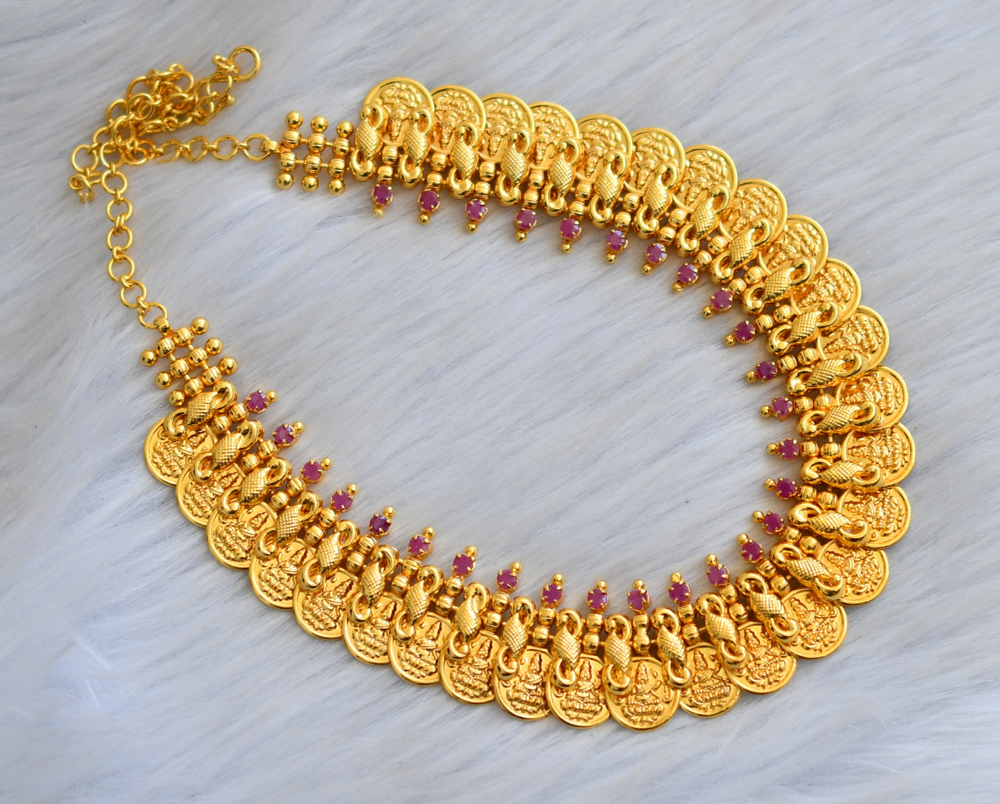 Gold tone pink stone Lakshmi coin Kerala style necklace dj-40793