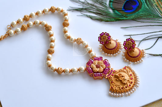 Matte finish ruby-lakshmi pearl beaded necklace set dj-07284