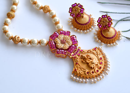 Matte finish ruby-lakshmi pearl designer necklace set dj-07284