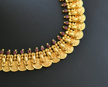 Gold tone pink stone Lakshmi coin Kerala style necklace dj-40793